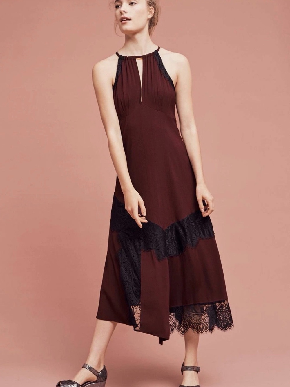Moulinette Soeurs Burgundy Midi Dress with Black Lace Trim